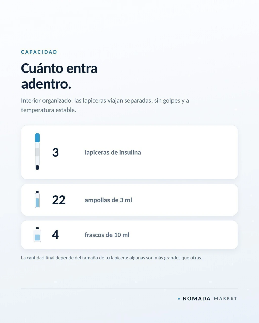 Capacidad para 3 lapiceras de insulina